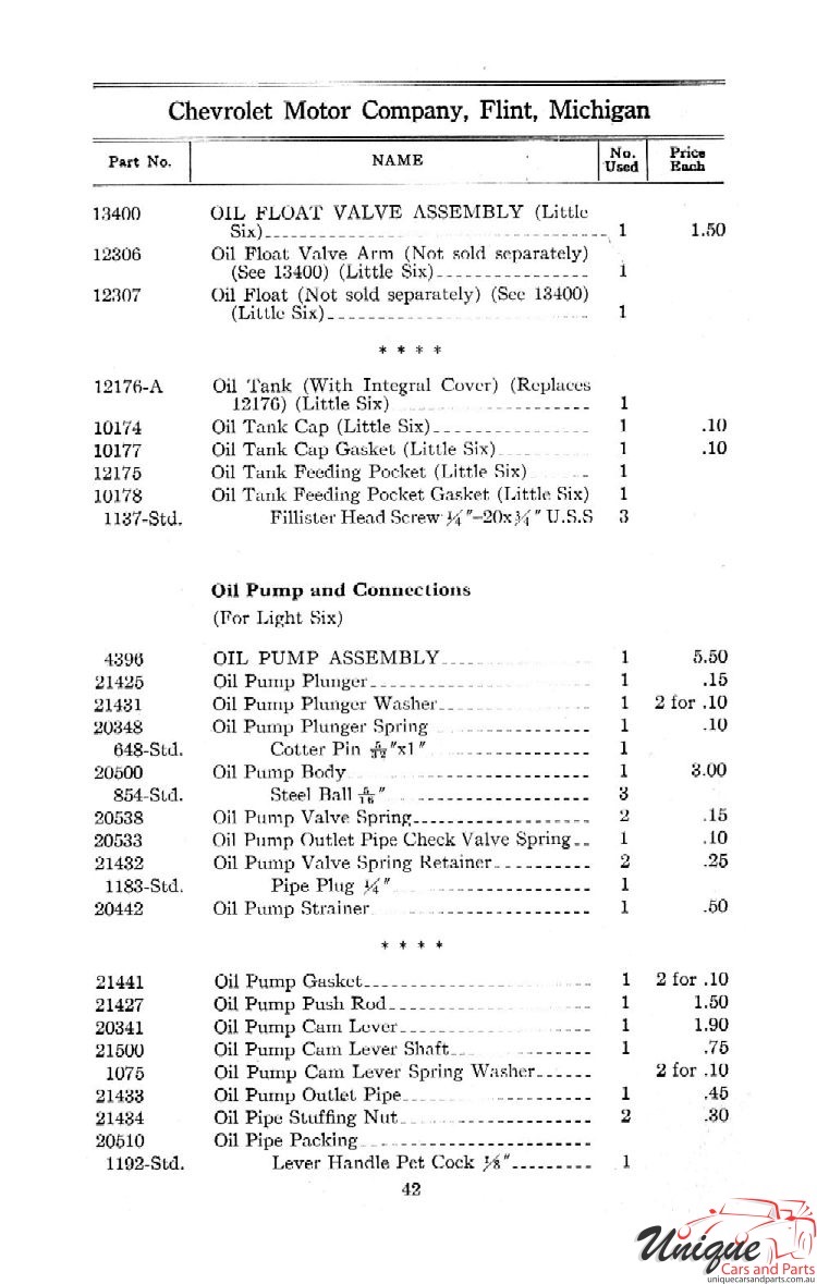 1912 Chevrolet Light and Little Six Parts Price List Page 58